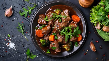 Beef bourguignon plate a traditional French beef stew in red wine sauce and vegetables - obrazy, fototapety, plakaty