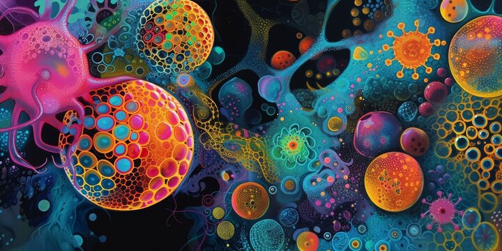 Vividly rendered cellular microcosm, showcasing an array of interlocking shapes and vibrant colors, illustrating the complex beauty of microscopic life forms.