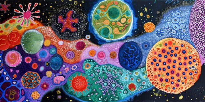 Vividly rendered cellular microcosm, showcasing an array of interlocking shapes and vibrant colors, illustrating the complex beauty of microscopic life forms.