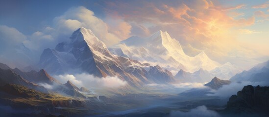 A detailed painting of a mountain range bathed in morning sunlight, featuring light clouds floating above the peaks. The suns warm glow highlights the textures of the rugged mountains and adds depth