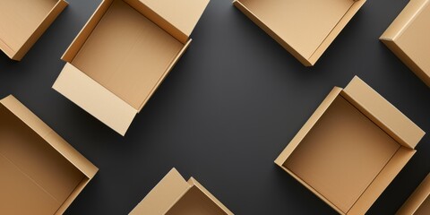 Array of empty open brown cardboard boxes on a dark gray background, presenting a concept of packaging, delivery, and logistics with a minimalist and modern approach.