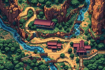 Obraz premium Pixelated village for game map. pixel map in the game. pixelated village maps in the game. Pixel art concept of village. Abstract pixelate landscape background.