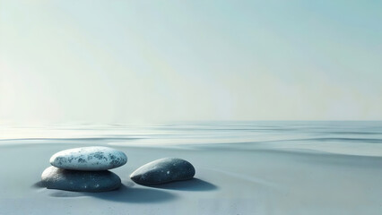 Tranquil nature background: rocks are sitting on top of a sandy beach, soft morning light and tranquil nature background, mindfulness, wellness, Wallpaper, Spring