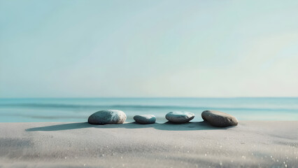 Fototapeta na wymiar Tranquil nature background, peaceful Landscape With Sand, Rocks and Ocean, soft morning light, illustration, mindfulness, wellness, Wallpaper, Spring