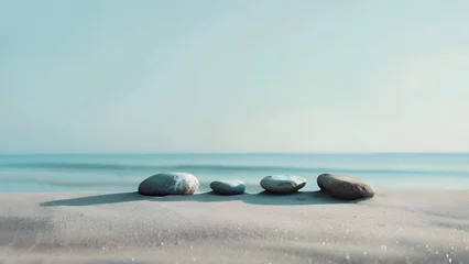 Foto auf Glas Tranquil nature background, peaceful Landscape With Sand, Rocks and Ocean, soft morning light, illustration, mindfulness, wellness, Wallpaper, Spring © MindShiftMasteryHub
