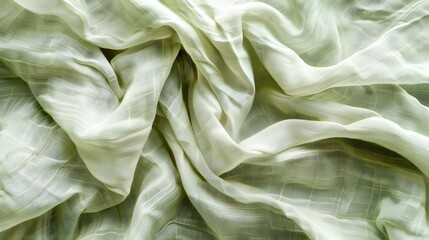 Abstract crumpled linen fabric texture background. Natural pale green color dyed linen organic eco...