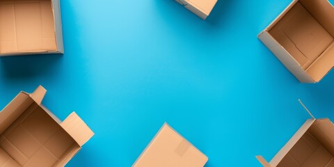 Overhead view of empty, open cardboard boxes on a vivid blue background, a striking visual for themes of packaging, delivery, and logistics.