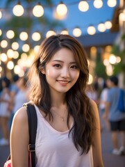 Obraz premium Portrait of a college university student japanese girl on summer vacation or spring break party smiling looking at camera from Generative AI