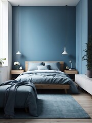 Portrait of a minimalist small bedroom of an apartment, blue theme from Generative AI