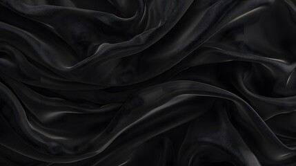 Beautiful background luxury cloth with drapery and wavy folds of black color creased smooth silk satin material texture. Abstract monochrome luxurious fabric background - obrazy, fototapety, plakaty