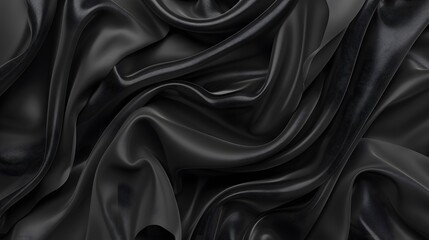 Beautiful background luxury cloth with drapery and wavy folds of black color creased smooth silk satin material texture. Abstract monochrome luxurious fabric background