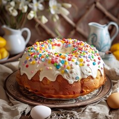 Fototapeta na wymiar Traditional easter cake with marshmallow glaze. Easter table with traditional dessert.Happy Easter