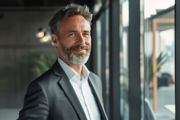 Fototapeta premium Happy business man wearing suit standing in office