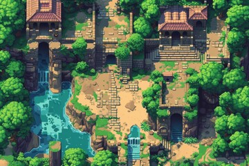 Pixelated village for game map. pixel map in the game. pixelated village maps in the game. Pixel art concept of village. Abstract pixelate landscape background.