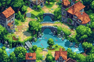 Pixelated village for game map. pixel map in the game. pixelated village maps in the game. Pixel art concept of village. Abstract pixelate landscape background.