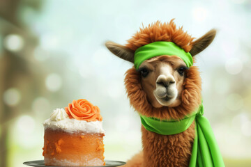 Llama and carrot cake: an unusual lunch - obrazy, fototapety, plakaty