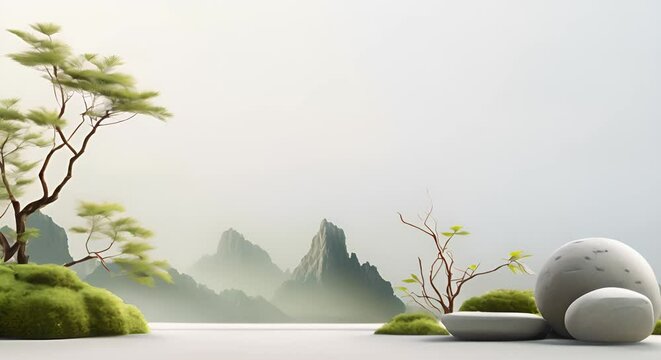 Zen garden minimalism, clean background with lower text area