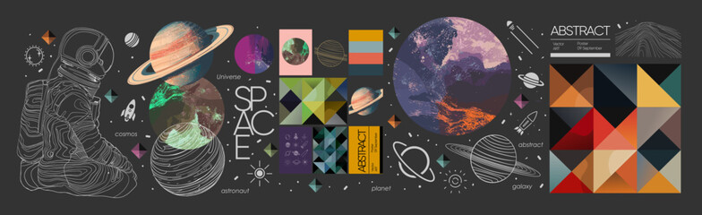 Basic RGBAbstract art space objects. Vector modern trendy illustrations of planets, line art, universe, galaxy, seamless geometric pattern for poster, brochure or background - 754604724