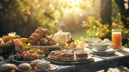 a birthday breakfast spread with pastries, fruits, and freshly brewed coffee served on a sunlit patio realistic - obrazy, fototapety, plakaty