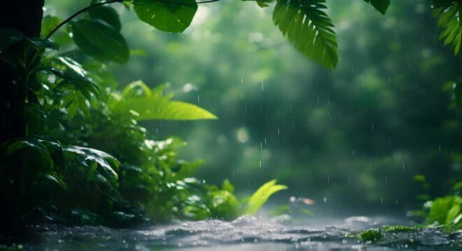 Refreshing tropical rain, nature's shower with side copy space