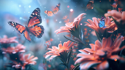  A tranquil garden scene with delicate butterflies fluttering among the flowers - obrazy, fototapety, plakaty