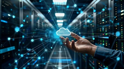 Digital Connection Professional Reaching for Cloud Storage in Virtual Interface amid Holographic Data Points and Network Connectivity Icons in Dark Data Center Environment