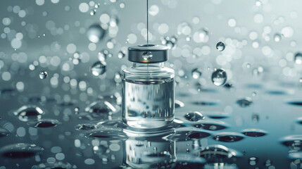  A clear liquid medicine, with droplets forming at the tip of the needle - obrazy, fototapety, plakaty