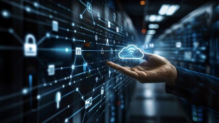 Digital Connection Professional Reaching for Cloud Storage in Virtual Interface amid Holographic Data Points and Network Connectivity Icons in Dark Data Center Environment