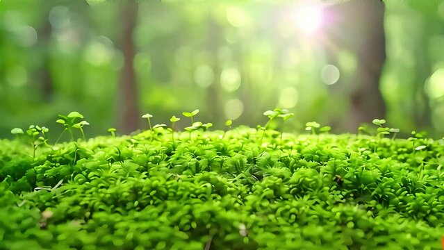 Lush green moss with tiny plants in a sunlit forest, depicting freshness and natural beauty.
