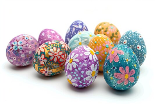 Colorful hand-painted easter eggs on white background