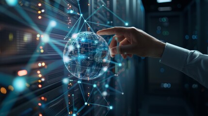 Global Connectivity Network Engineer Pointing at Digital Globe Hologram in Server Room