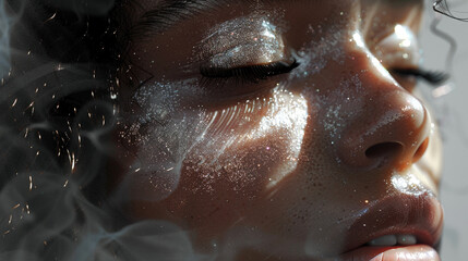 Ethereal shimmering makeup adorning a face, evoking a sense of enchantment and sophistication 