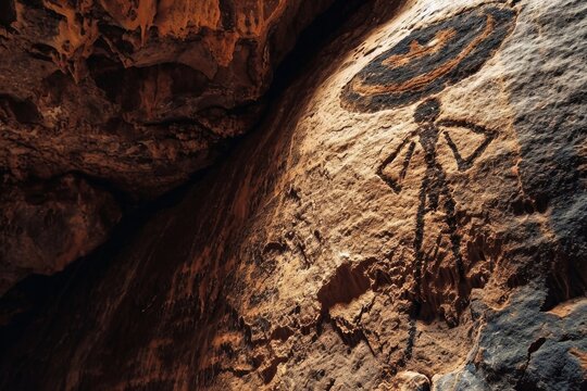A UFO encounter as a cave painting on a rock face.