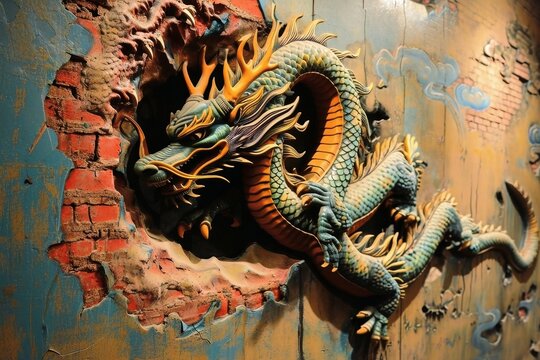 A three dimensional dragon comes out of a painting on a wall.