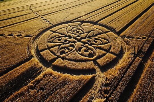 Aerial view of geometric crop circles in a cornfield from a UFO.