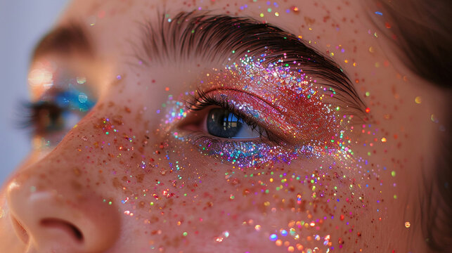 Glitter makeup delicately applied on a face, catching every glimmer and sparkling