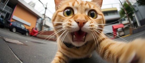 An orange cat is shown with its mouth wide open and its tongue sticking out. The cat appears to be...