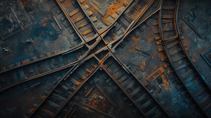Tapeta ze skrzyżowaniem rustykalnych torów kolejowych z widocznym zardzewiałym materiałem. Widok z góry. - obrazy, fototapety, plakaty