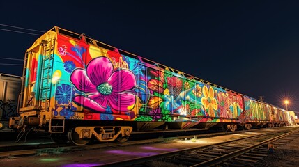 Kolorowe neonowe graffiti na pociągu na torach w nocy - obrazy, fototapety, plakaty