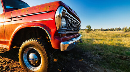 Close Up View of Front Fender to Dirty Red Pick-Up Truck in a Field Sunny Blue Sky
