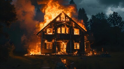 House burning down during the night
 - obrazy, fototapety, plakaty