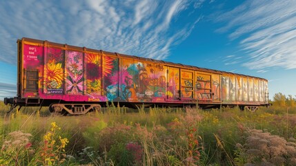 Wagon kolejowy pokryty graffiti stojący na polu kwiatowym.