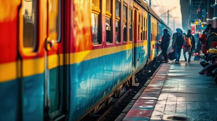 Grupa ludzi wsiadających do kolorowego pociągu w stylu vintage, na peronie. - obrazy, fototapety, plakaty