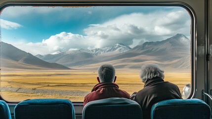 Para starszych osób siedzi w pociągi i patrzy na piękne góry za oknem