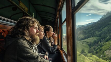 Grupa ludzi siedząca w pociągu, patrząca przez okna na krajobraz przed nimi. 