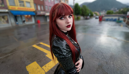 Red Haired Goth Woman in Shiny Black Shirt on Wet Concrete Road in a Small Town