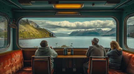 Grupa starszych przyjaciół siedzi w starym wagonie vintage przy stoliku z drewna i patrzy na wielkie jezioro i góry - obrazy, fototapety, plakaty