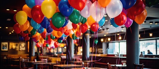 A variety of multicoloured helium balloons hang from the ceiling of a restaurant venue, adding a festive touch to a corporate event, wedding reception, or birthday party celebration.
