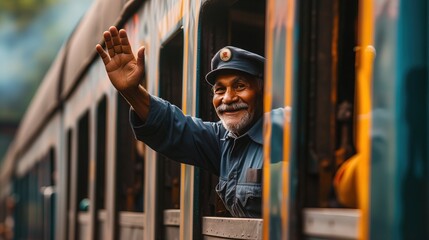 Starszy przyjazny konduktor z azji machający z okna pociągu, jest uśmiechnięty i ma siwe wąsy oraz brodę. - obrazy, fototapety, plakaty