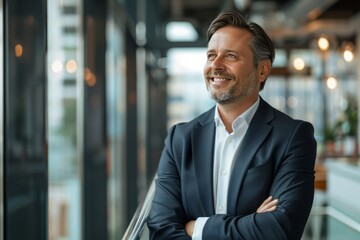 Fototapeta premium Happy business man wearing suit standing in office